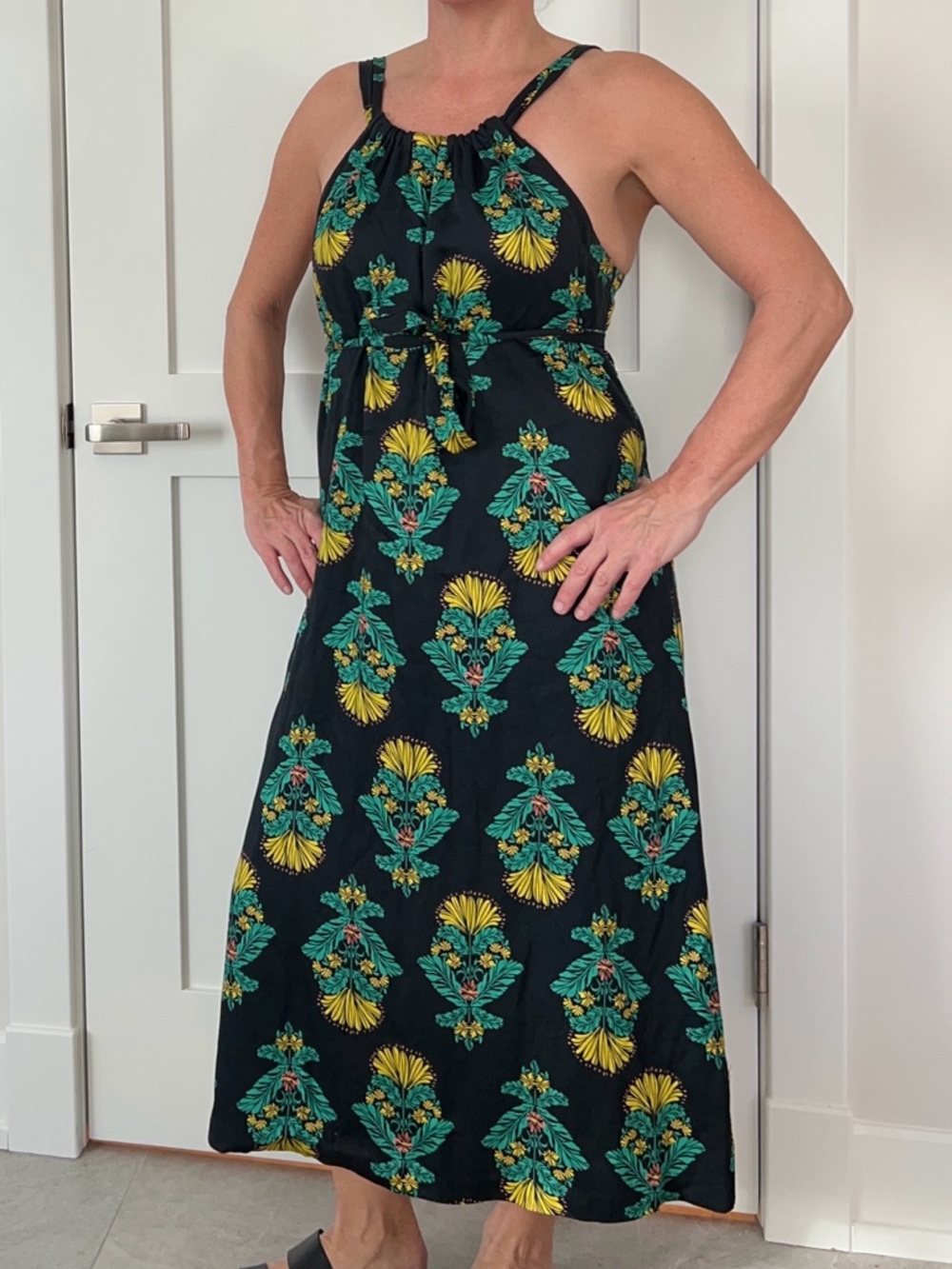 Corey Lynn Calter Navy Forsythia flower Maxi Dress with Green and Yellow motif